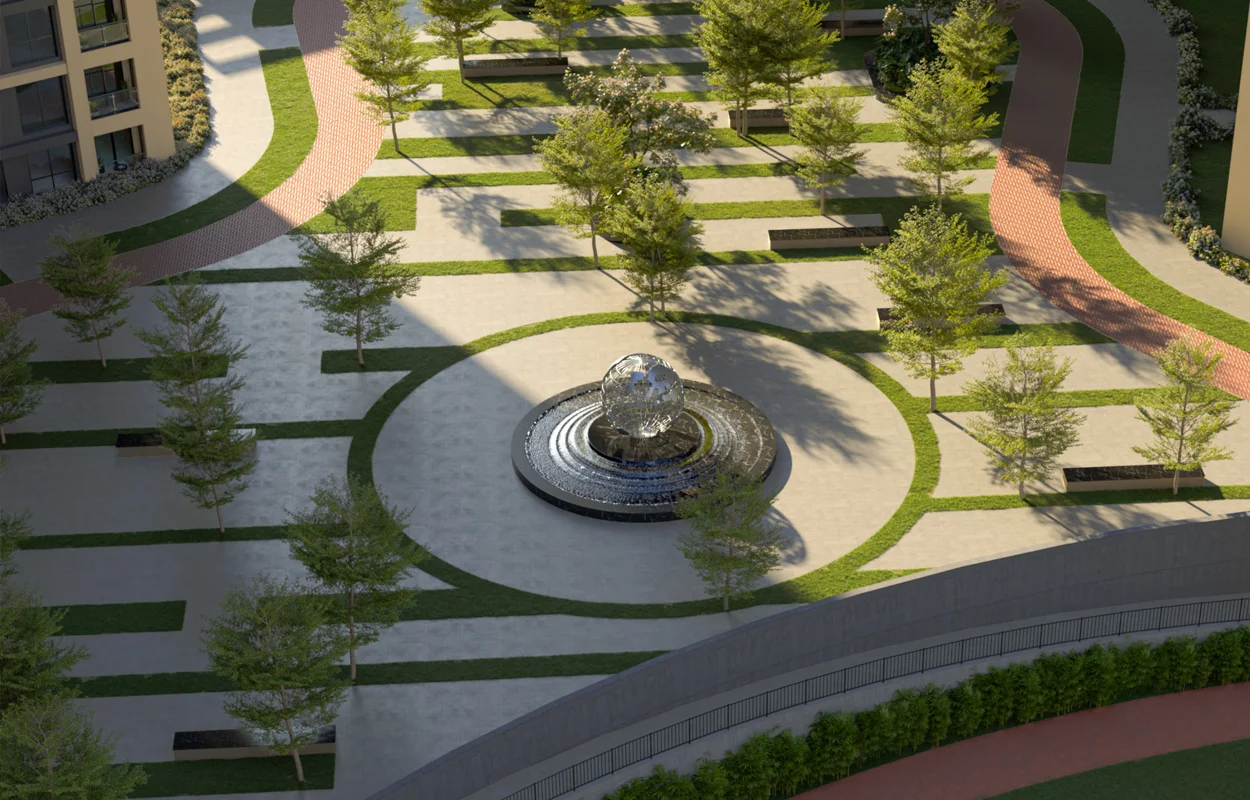 Central plaza with fountain, artist's impression